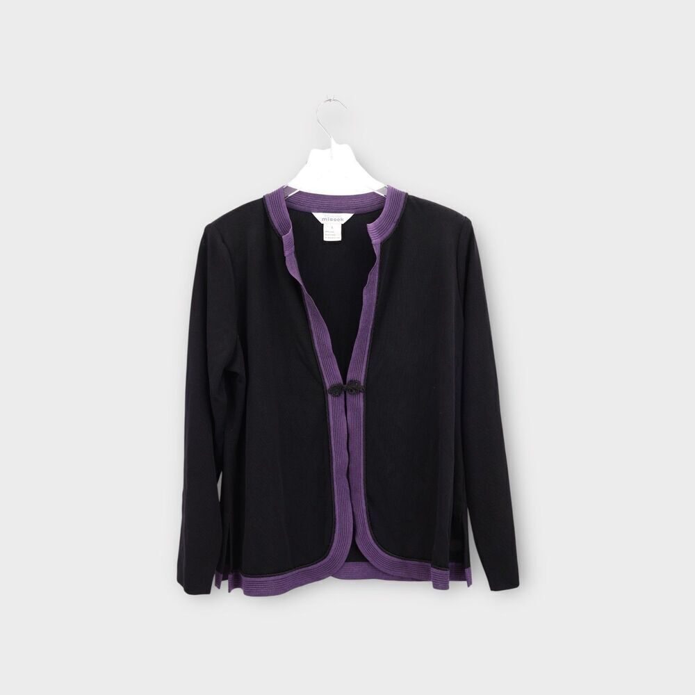 Exclusively Misook Cardigan Button Front Black Purple Long Sleeves Size Large